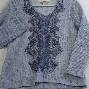 Stylish V-Neck Sweater with Navy Pattern, Lace Back, See Through Knit